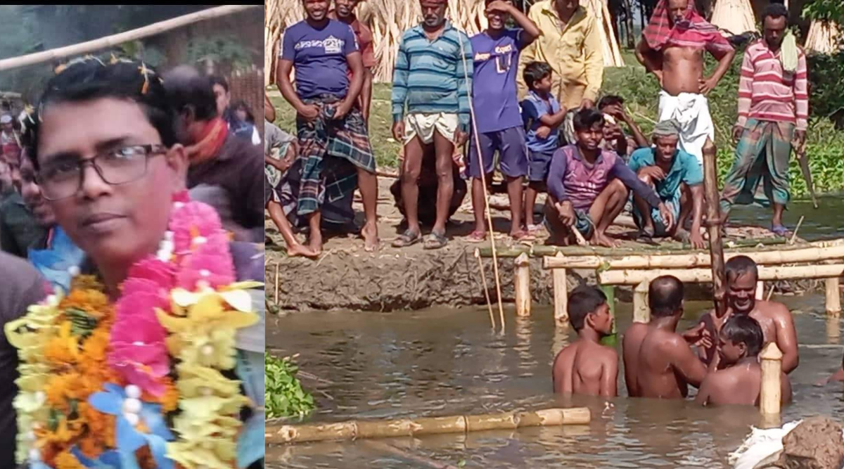 ইউপি সদস্য অতুল চন্দ্র সরকারের প্রচেষ্টায় খালের উপর নির্মিত হল বাঁশের চাতাল
