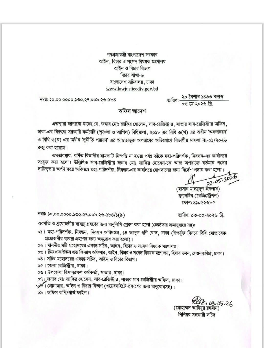 দুর্নীতি ও অনিয়মের অভিযোগে অভিযুক্ত সাব-রেজিস্ট্রার মো. জাকির হোসেন